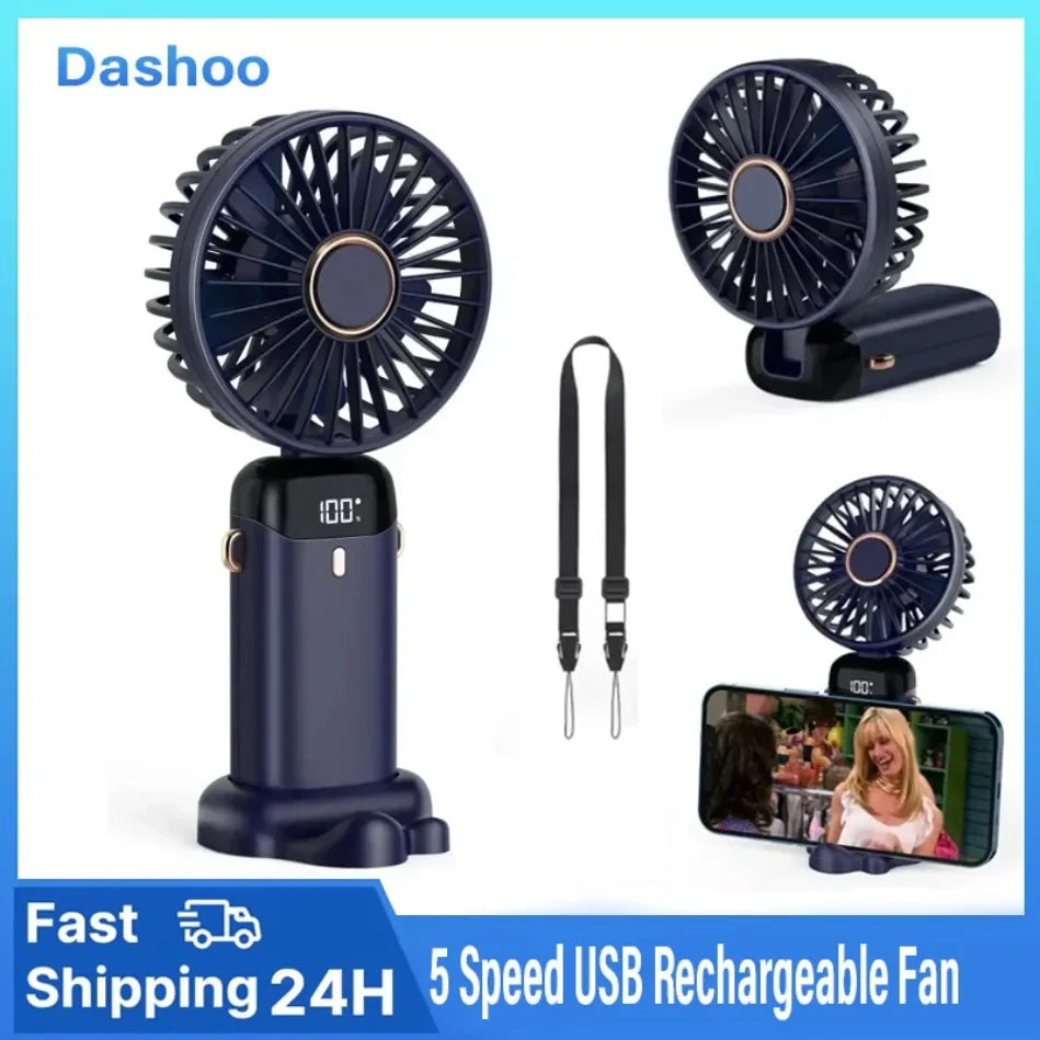 Folding Fan with Phone Stand, 5-Speed USB-C Rechargeable, LED Display Handheld & Desk Fan, Portable Fan for Outdoor Travel Gift