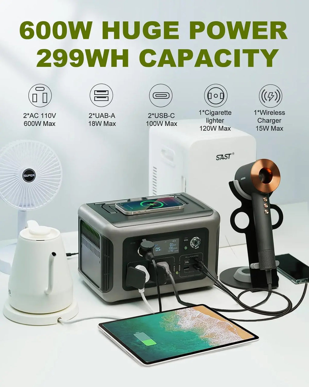ALLPOWERS Portable Power Station R600, 299Wh LiFeP04 Battery with 2x 600W (1200W Surge) AC Outlets for Outdoor Camping RV Home