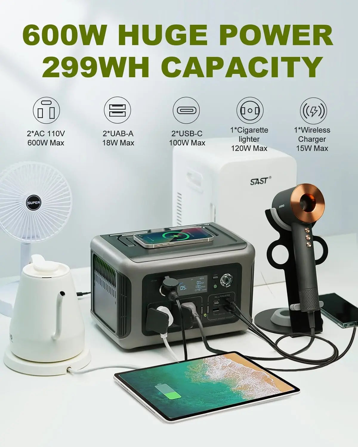 ALLPOWERS Portable Power Station R600, 299Wh LiFeP04 Battery with 2x 600W (1200W Surge) AC Outlets for Outdoor Camping RV Home