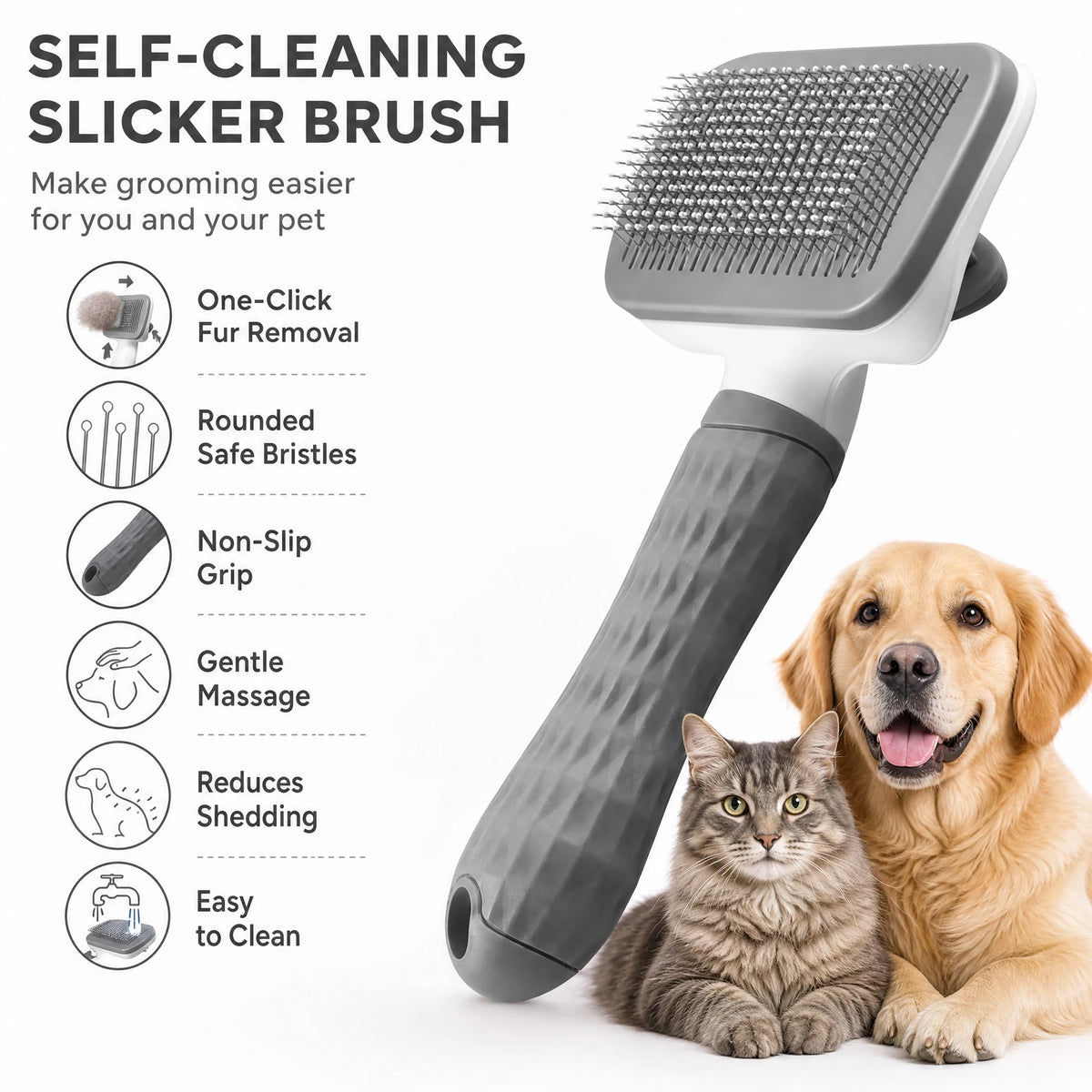 Universal Pet Detangling Brush, Massages Out Knots & Mats. 19cm, for Long/Short Hair, Soothing